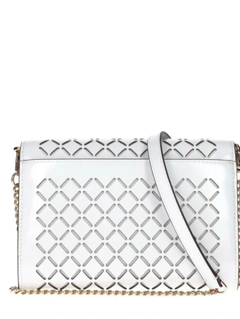 Tory Burch White Laser-Cut Leather Crossbody with Gold Chain